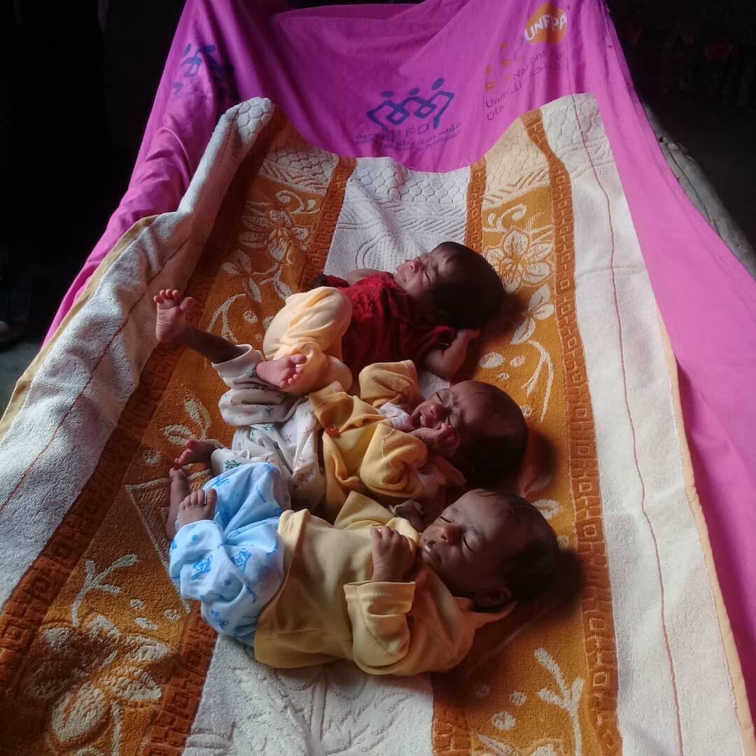 After a complicated delivery, triplet boys were discharged in good health. Distance, conflict and the threat of the global pandemic kept their mother from seeking maternal health care. © BFD/UNFPA Yemen